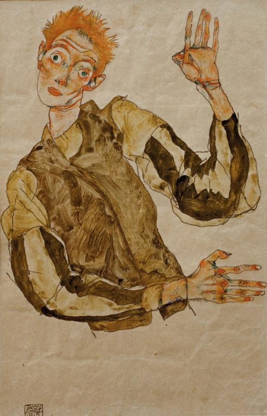 Egon Schiele „Selbstbildnis mit gestreiften Ärmelschonern“ 32 x 49 cm 1