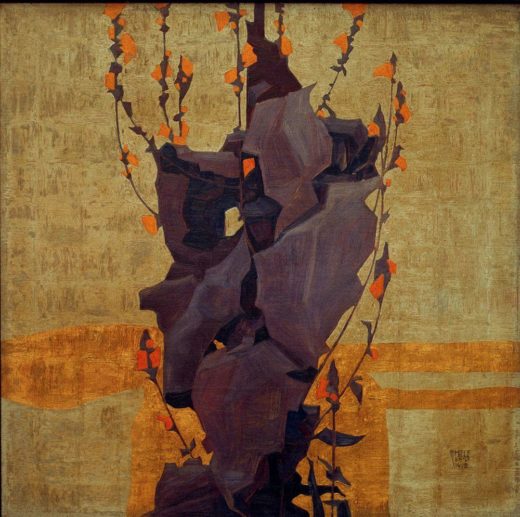 Egon Schiele „Stilisierte Blumen vor dekorativem Hintergrund“ 66 x 66 cm 1