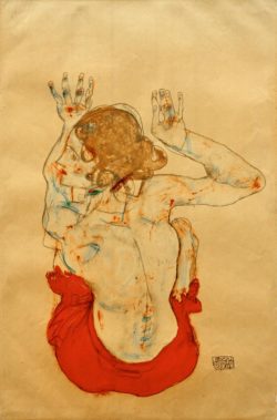 Egon Schiele "Sitzender weiblicher Rückenakt mit rotem Rock" 32 x 48 cm