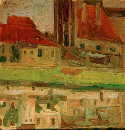 Egon Schiele „Jodokuskirche sich im Fluß spiegelnd in Krumau“ 26 x 27 cm 1