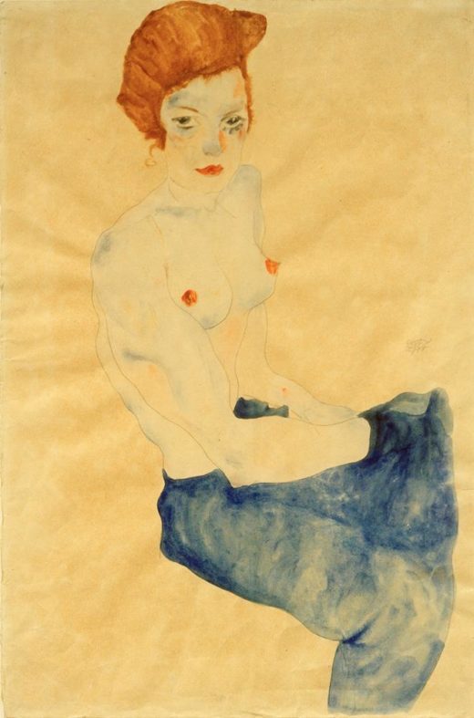 Egon Schiele „Sitzendes Mädchen nackt mit hellblauem Rock“ 32 x 48 cm 1