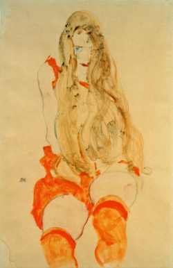 Egon Schiele "Sitzendes Mädchen mit orangefarbenem Kleid" 31 x 48 cm