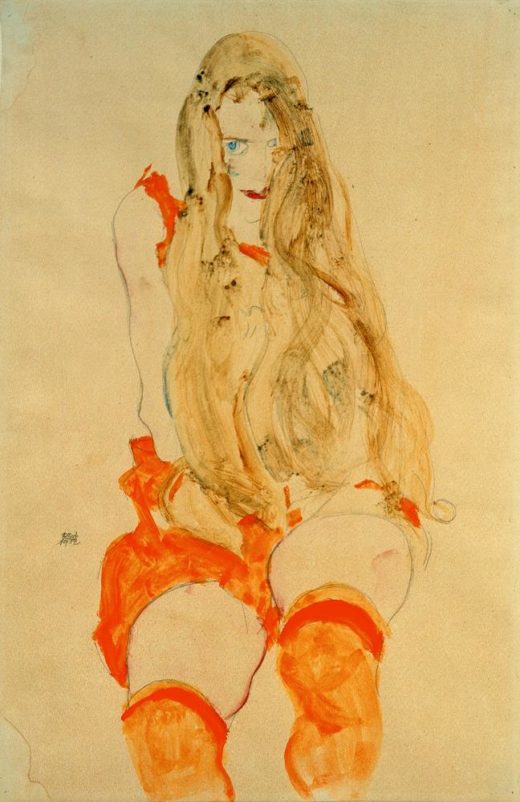 Egon Schiele „Sitzendes Mädchen mit orangefarbenem Kleid“ 31 x 48 cm 1