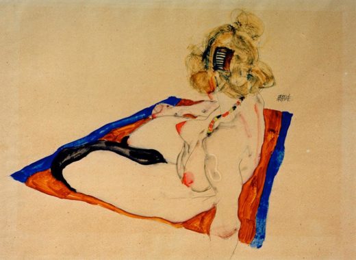 Egon Schiele „Blondes Aktmodel auf braunem blau gerändertem Tuch“ 48 x 32 cm 1