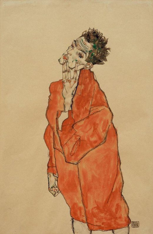 Egon Schiele „Selbstbildnis in orangefarbener Jacke“ 32 x 48 cm 1