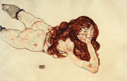 Egon Schiele „Am Bauch liegender weiblicher Akt mit offenem rotem Haar“ 46 x 30 cm 1