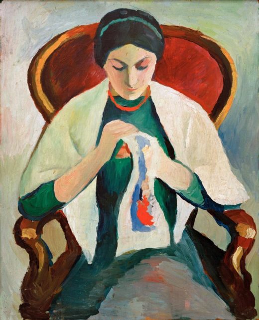 August Macke „Stickende Frau am Sessel: Porträt der Frau des Künstlers“ 45 x 55 cm 1