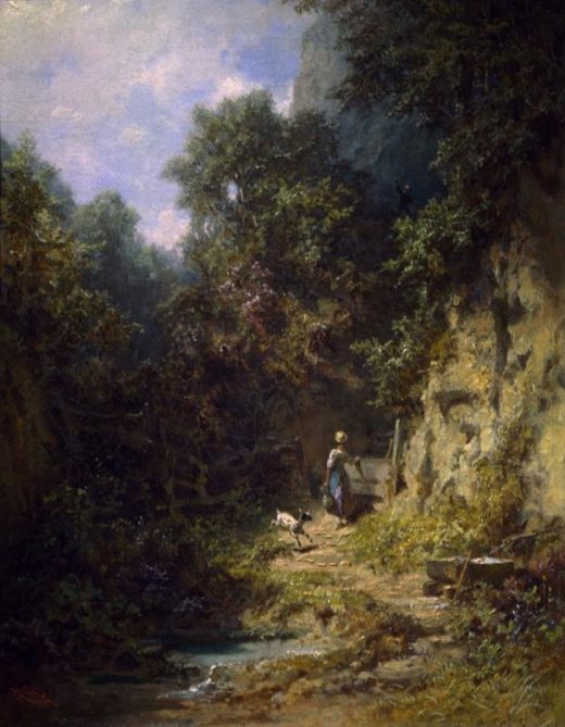 Carl Spitzweg „Mädchen mit Ziege, dem ein Jägersmann zuwinkt“ 31 x 23 cm 1