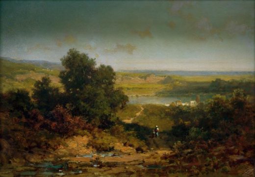 Carl Spitzweg „Landschaft mit Dorf und Fluß“ 21 x 30 cm 1